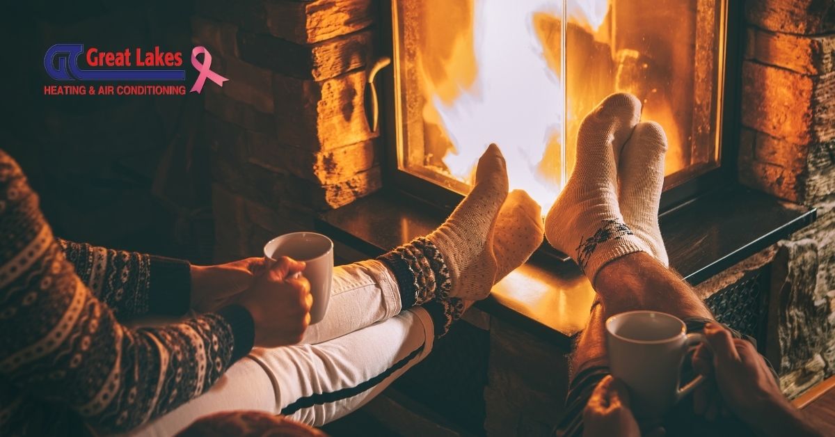 Two homeowners sitting by a fireplace during the winter.