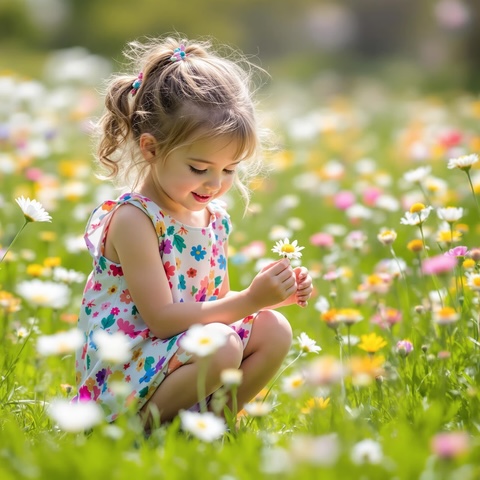 little girl picking flowers